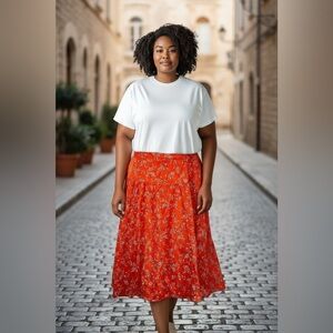 Ann Taylor Loft Women’s Vibrant Floral Orange Midi Skirt